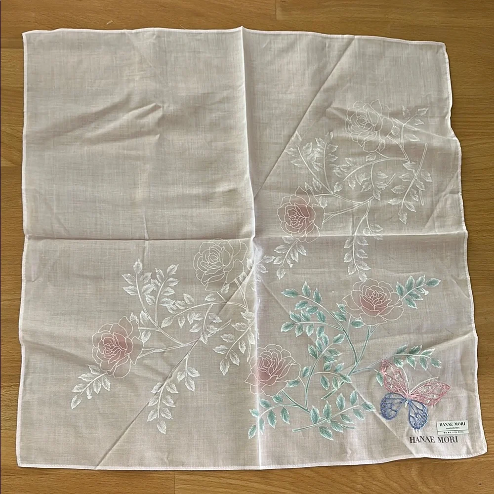 Floral Embroidered Handkerchief - White and Pink